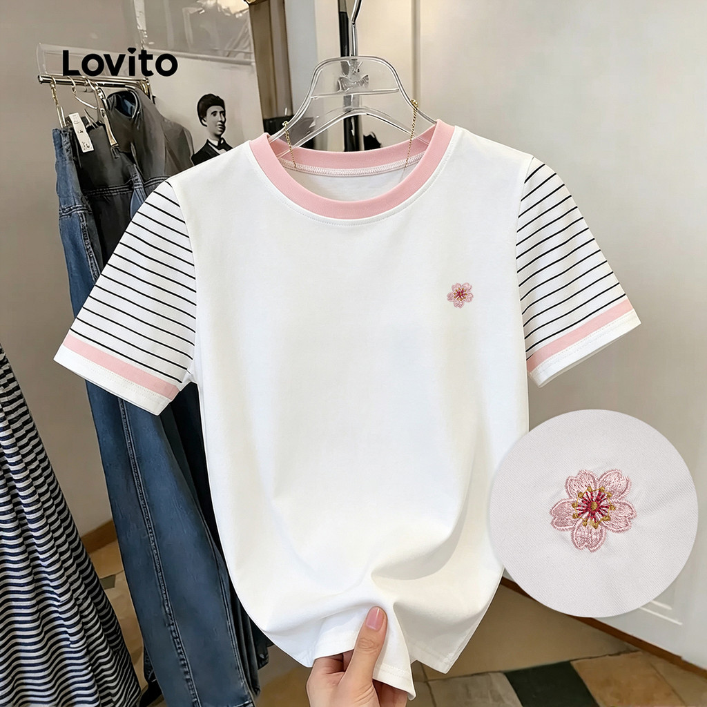 (New Arrival) Lovito เสื้อยืดลําลองผู้หญิง ลายคัลเลอร์บล็อก สีสันสดใส สไตล์ เหมาะกับฤดูใบไม้ผลิ/ฤดูร