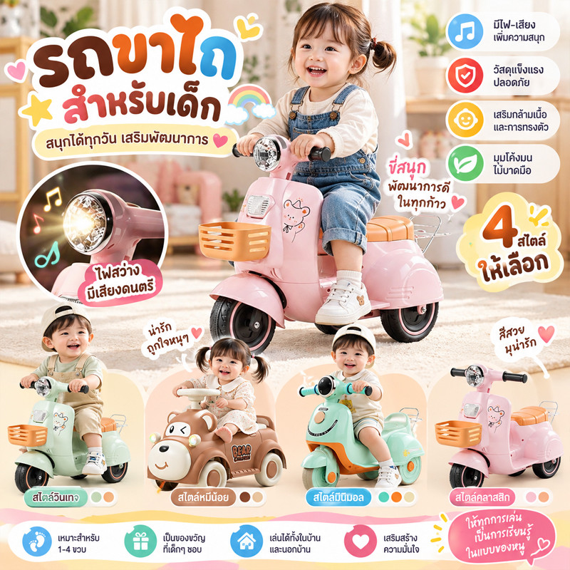 รถแบตเตอรี่เด็ก รถสามล้อเด็ก มอเตอร์ไซค์ไฟฟ้าเด็กสองล้ออายุ มีแสงและดนตรี สำหรับเด็ก