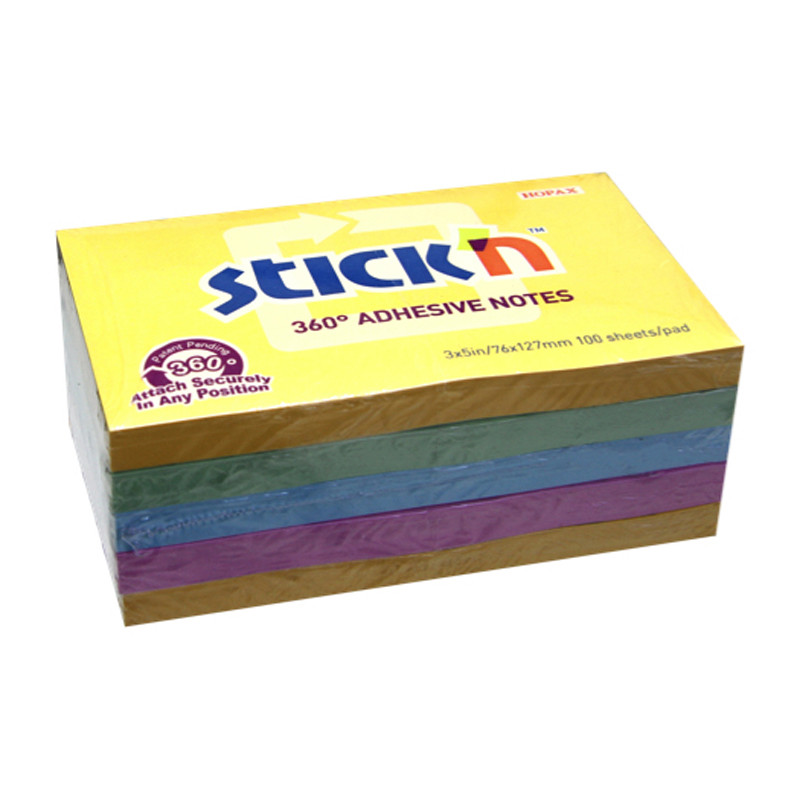 STICK N กระดาษโน้ตกาว 4 มุม คละสี ขนาด 3"x5" 100 แผ่น/เล่ม (แพ็ค 5 เล่ม)
