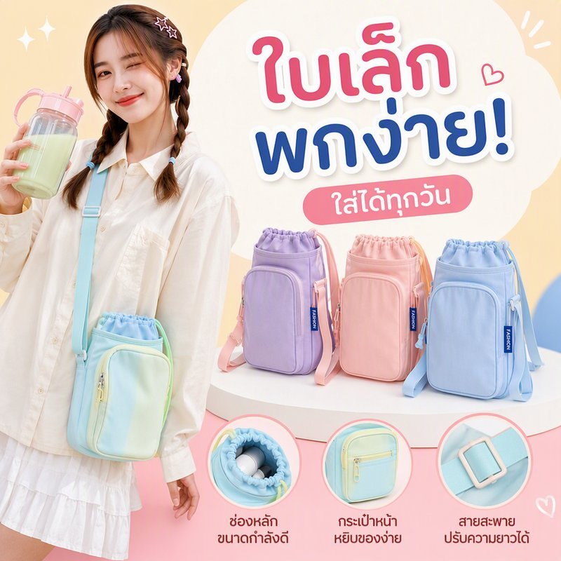 กระเป๋าใส่กระติกน้ำ สะพายข้าง ผ้าไนลอน กันน้ำ น้ำหนักเบา รูดปากถุง สีโดพามีน ซิป พกพา อเนกประสงค์