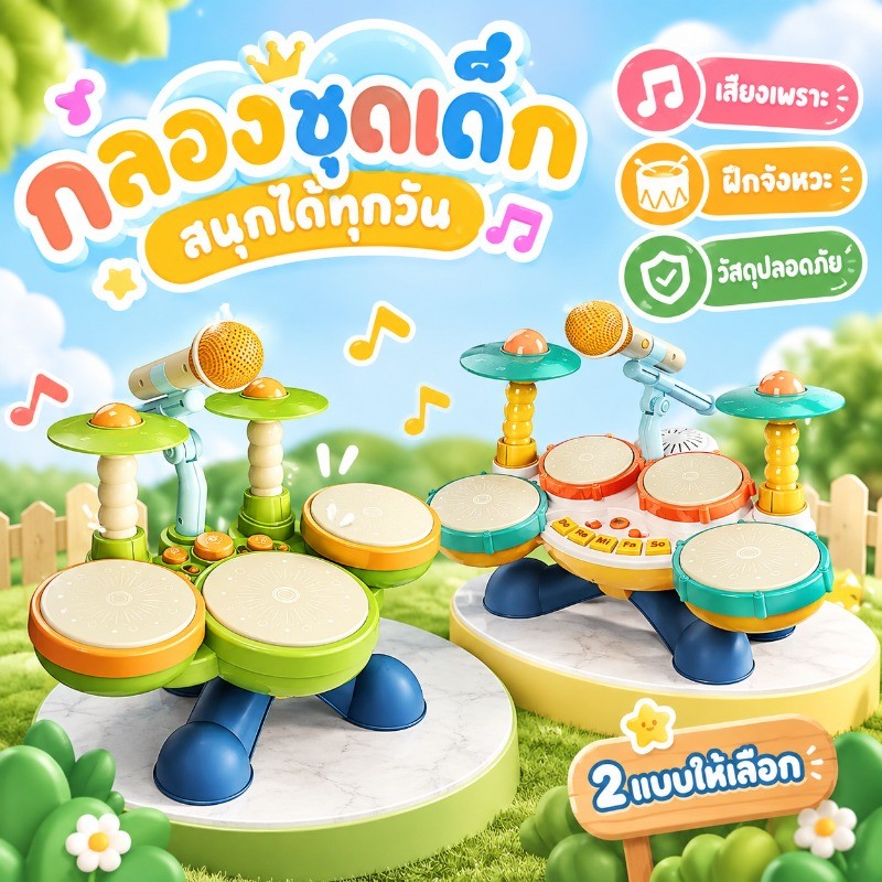กลองชุดเด็ก ของเล่นดนตรี ชุดกลองไฟเสียง พร้อมไมโครโฟน เล่นบนโต๊ะได้ เลือก 3 กลอง 4 กลอง