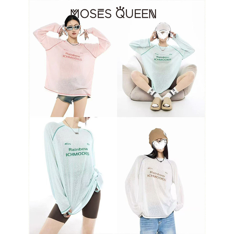 MOSESQUEEN تيشيرت نسائي بأكمام طويلة بطباعة حروف — صورة 6
