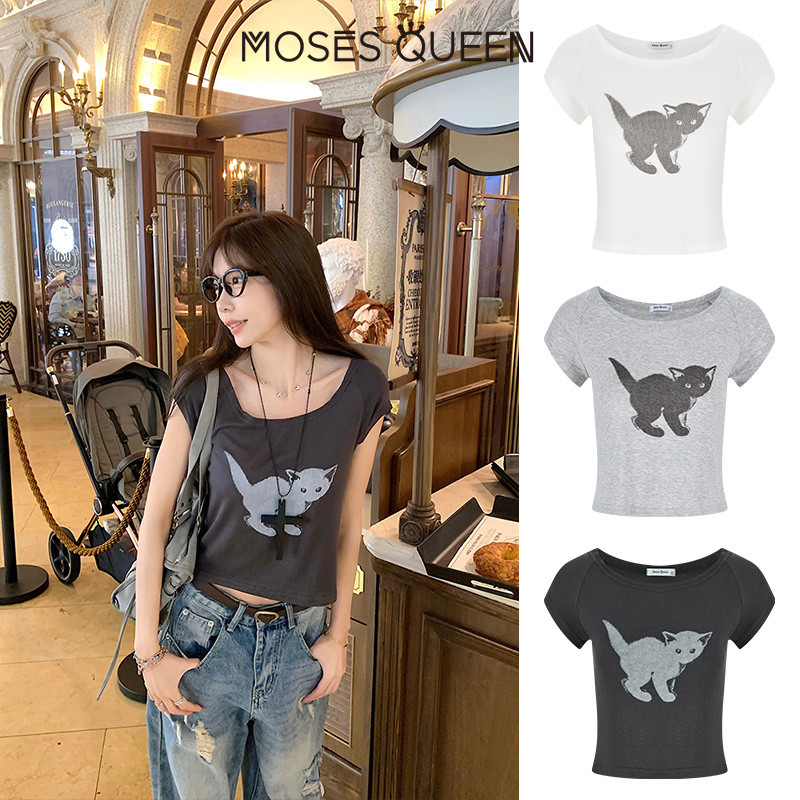 MOSESQUEEN تيشيرت بطباعة قطة سوداء ريترو — صورة 7