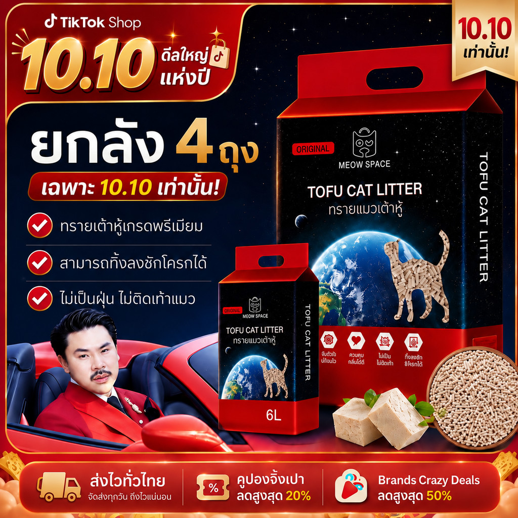 Meow Space ทรายเต้าหู้ ยกลัง 4 ถุง ถุงละ 6 ลิตร 24 ลิตร ขนาดเม็ด 1.5 mm (เก็บคูปองส่งฟรี)