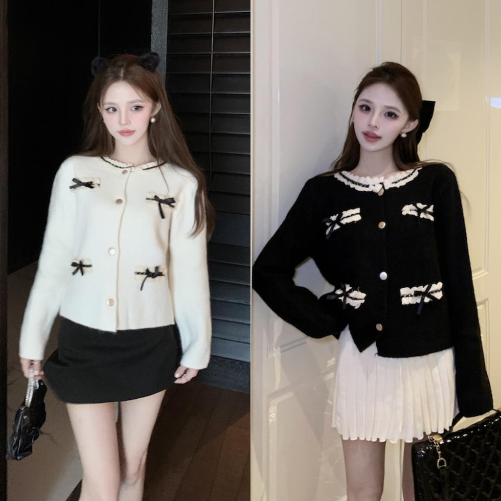Chili Koko เสื้อคาร์ดิแกนถักคอกลมลูกไม้หวานแฟชั่นสำหรับผู้หญิง เสื้อคาร์ดิแกนถักแขนยาวฤดูใบไม้ร่วงและฤดูหนาว C176