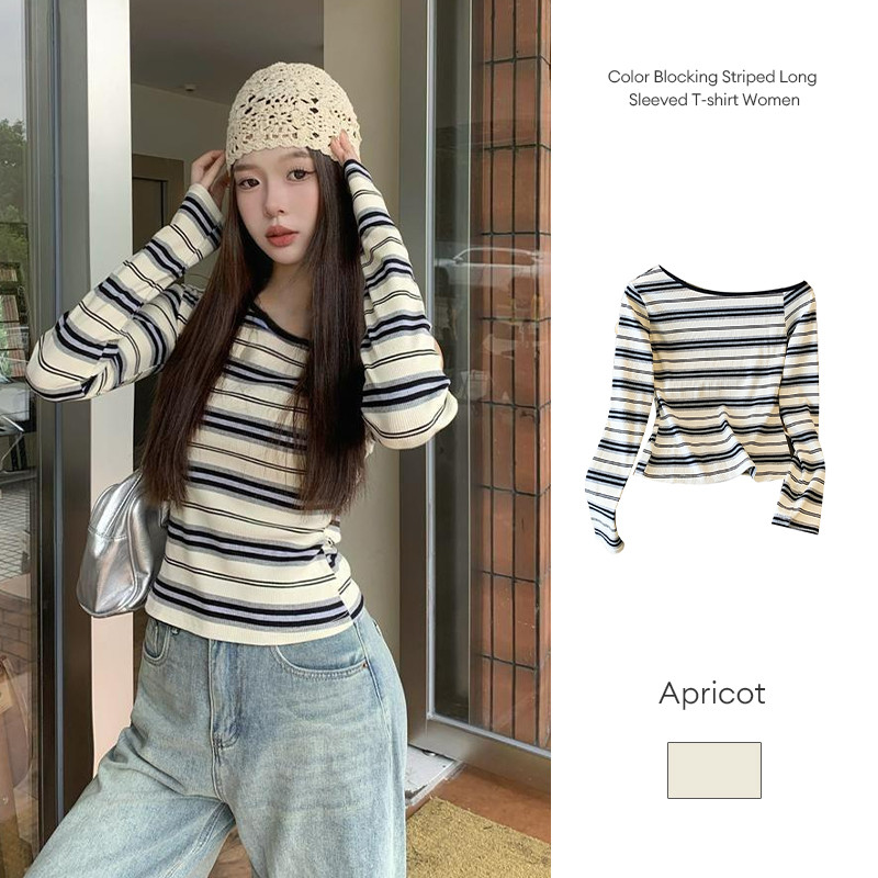 สีบล็อกเสื้อยืดแขนยาวเสื้อผู้หญิง Slim Fitting เสื้อถักด้านบนไหล่ GA