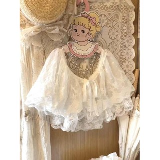 [คลังสินค้าพร้อม] ผ้าคลุมไหล่ลูกไม้สองชั้นสีขาวฝรั่งเศสหญิงเ…