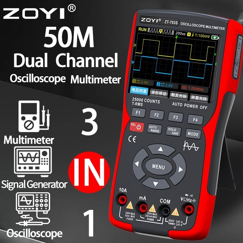 ZOYI ZT703S 3in1 Dual Channel 50MHz ออสซิลโลสโคป 25000 นับมัลติมิเตอร์แบบดิจิตอล 280MS/s เครื่องทดสอ