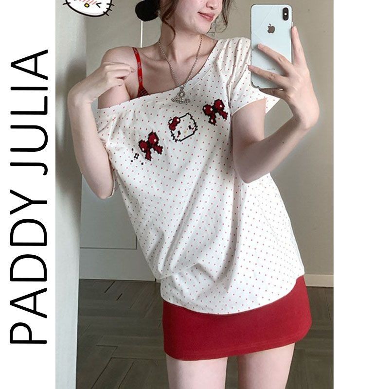 PADDY JULIA นม Meow Pop ไหล่ Polka Dot เสื้อยืดแขนสั้นผู้หญิงฤดูร้อน kitty พิมพ์หลวมด้านบน PADDY JUL