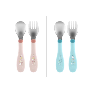 CHICCO METAL CUTLERY ชุดช้อนส้อมฝึกทานอาหารด้วยตัวเองเด็ก 18 เดือนขึ้นไป BPA-Free สีชมพู & ฟ้าเทอคอยซ์ ดีไซน์น่ารัก