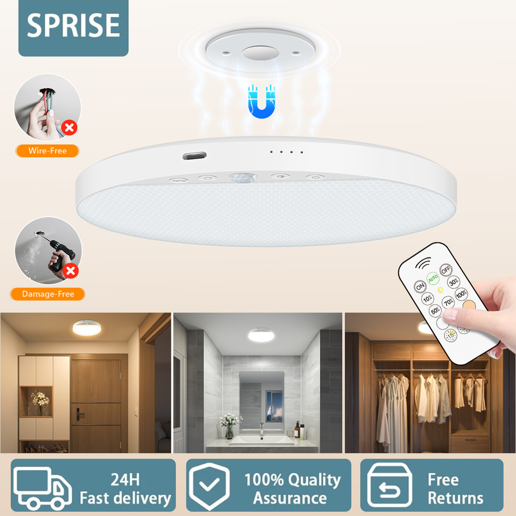 SPRISE โคมไฟเพดาน Motion Sensor โคมไฟระยะไกล 6W Magnetic Stick-On 3 สี & 5 ความสว่างไฟบ้านสําหรับห้องอาบน้ํา,ตู้เสื้อผ้า,ตู้,Hallway