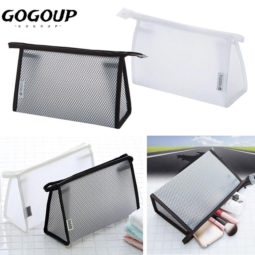 GOGOUP Makeup , กระเป๋าเครื่องสําอางกันน้ําสีดํา/ขาว, ซิป EVA Mesh Travel Toiletry Organizer ผู้หญิง