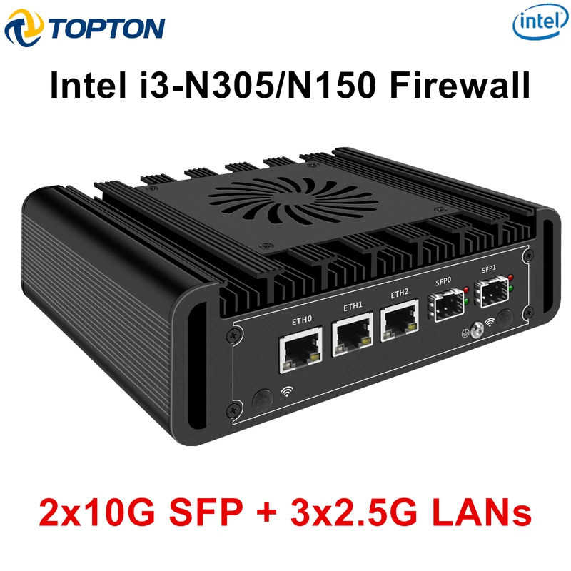 Solid Firewall Mini PC 2x10G SFP + 3x2.5G LANs Intel i3 N305 N150 มินิคอมพิวเตอร์ DDR5 NVMe Server โ