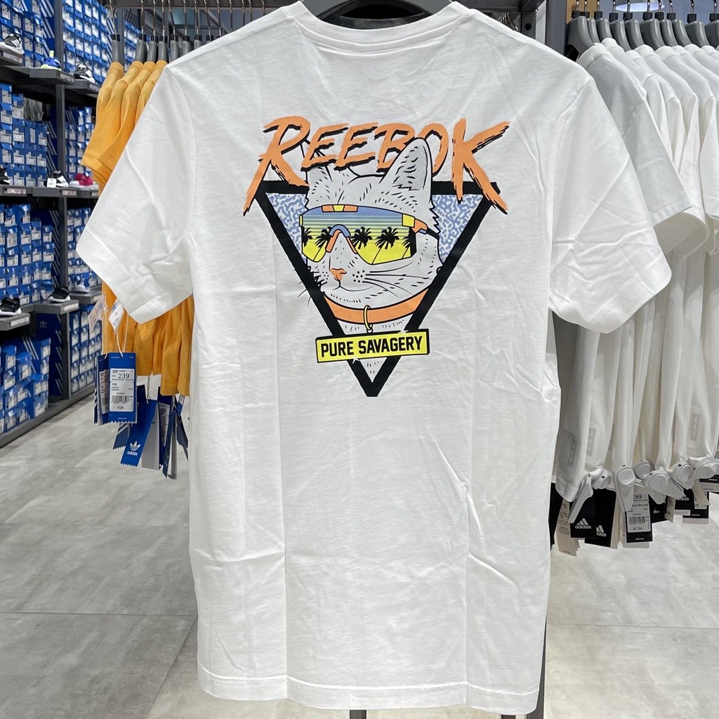 ReeboK เสื้อยืดแขนสั้นผู้ชาย พิมพ์ลายฮาวายและแมวรอบคอ เหมาะสำหรับกีฬาหรือใส่ลำลอง