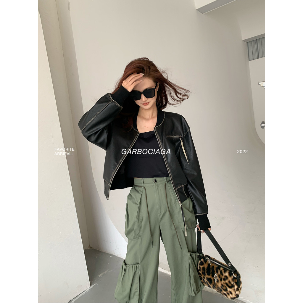 แจ็คเก็ตบอมเบอร์หนังสำหรับผู้หญิง สไตล์แฟชั่น airport jacket