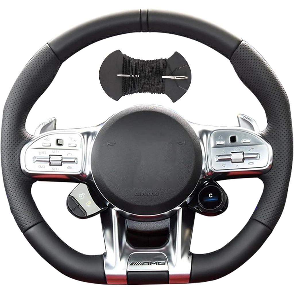 พวงมาลัยรถไมโครไฟเบอร์หนัง Stitch ล้อสําหรับ Mercedes Benz AMG C43 E53 S63 GLE G63,สีดํา