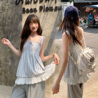 Dahong 💖 W675 สไตล์ใหม่ เสื้อกล้ามลายทางสาวอวบ เสื้อยืดโบว์ล…