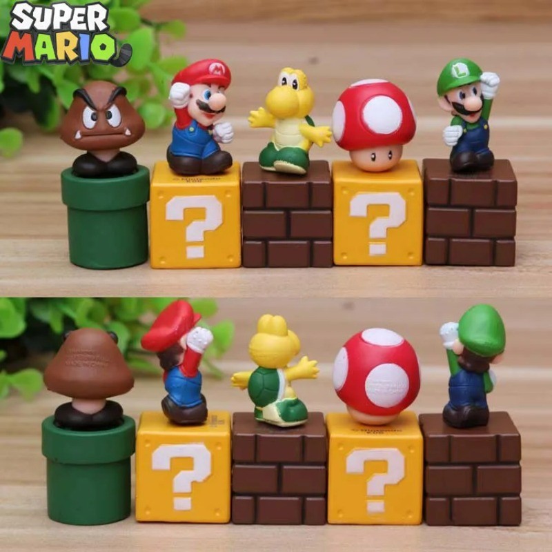 Super Mario Action Figures 5 ชิ้น/เซ็ต Luigi Yoshi ตุ๊กตาอะนิเมะคอลเลกชันเครื่องประดับตกแต่งเค้กของเล่นเด็กของขวัญ