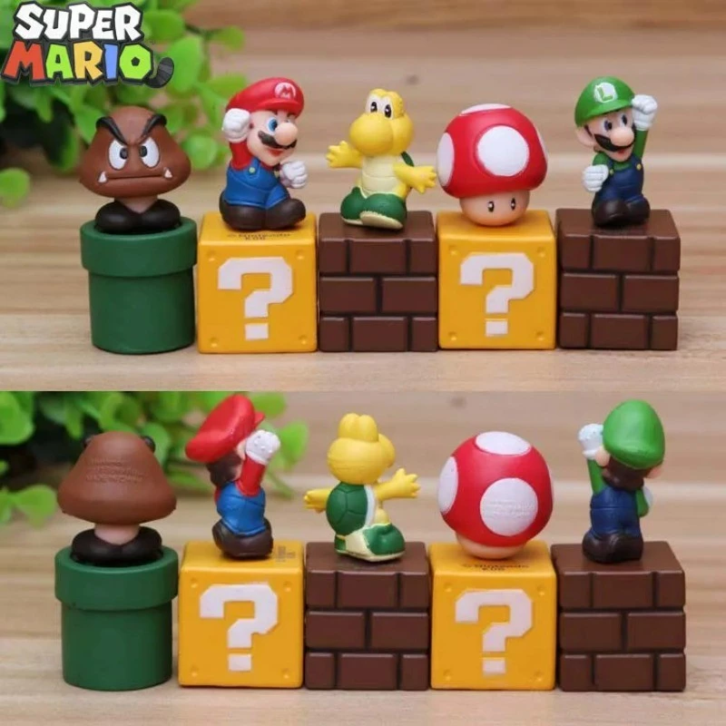 Super Mario Action Figures 5 ชิ้น/เซ็ต Luigi Yoshi ตุ๊กตาอะนิเมะคอลเลกชันเครื่องประดับตกแต่งเค้กของเล่นเด็กของขวัญ