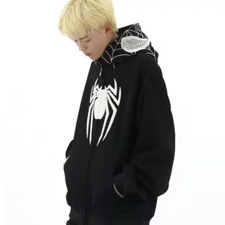 เสื้อกันหนาวมีฮู้ด Spider-Man สไตล์ย้อนยุค กํามะหยี่หลวม เหมาะสมทั้งเด็กและผู้ใหญ่