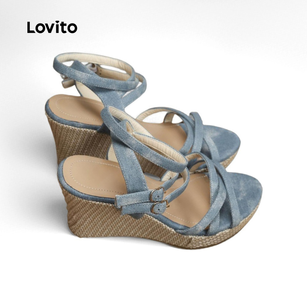 Lovito ลำลองสีพื้นOne Word Double Breasted Braided สไตล์Pastoral Wedge สําหรับผู้หญิง LFA67335