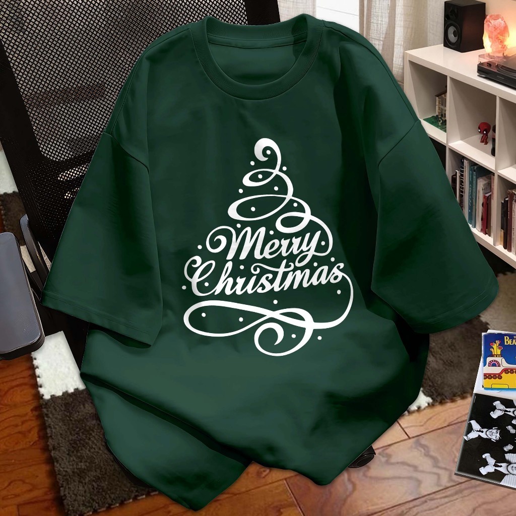 (COD จัดส่งภายใน 12 ชั่วโมง) BOOM เสื้อยืดสีเขียว เสื้อยืดคอกลม เสื้อยืด oversize New Year Clothing Merry Christmas