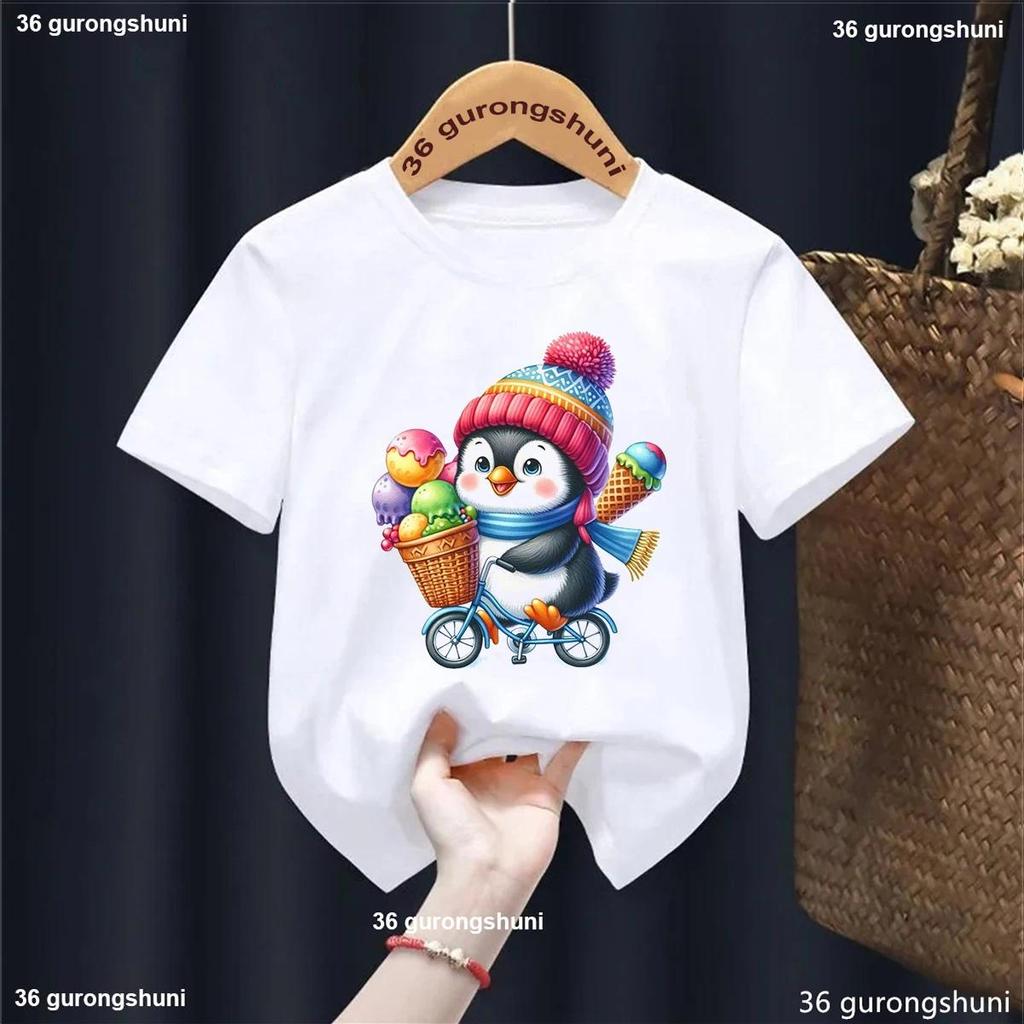 Rainbow Penguin Loves Ice Cream Printed Tshirt Girls/Boys Funny Kawaii Children'S Clothing Harajuku 