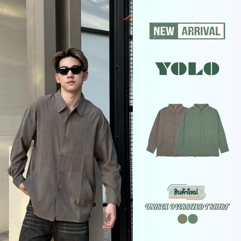 YOLO เสื้อเชิ้ต OVERZISE เสื้อเชิ้ตผู้ชาย เสื้อเชิ้ตสีพื้น แขนยาว ติดกระดุมหน้า Y252378