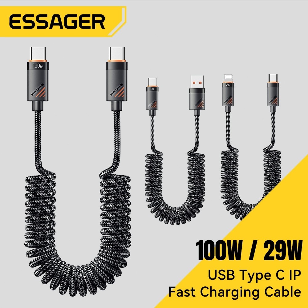 Essager 29W Type-c To L Spring Fast โทรศัพท์สายเคเบิลรถสายชาร์จข้อมูลสําหรับ ip 8-14 ES-A12