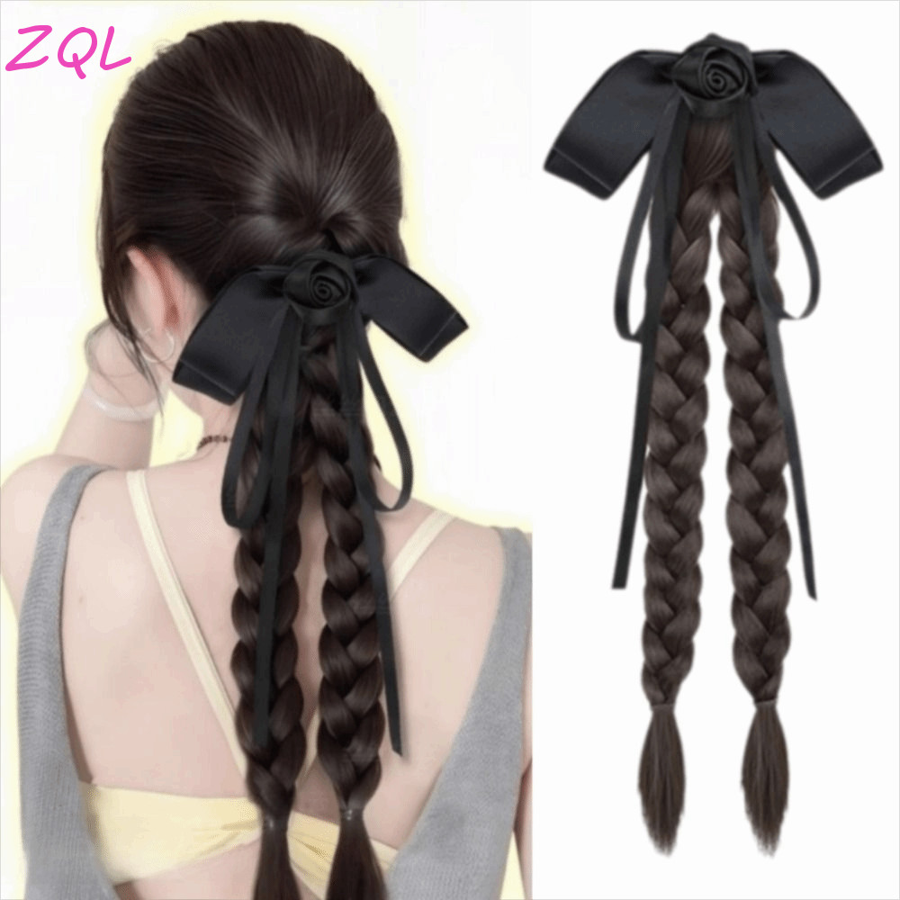 Zqlบิดถักเปียวิกผมหางม้า,คลิปกรงเล็บสังเคราะห์ริบบิ้นโบว์หางม้าคู่,วงผมหวานธรรมชาติปุยยาวถักเปียต่อผมทุกวัน