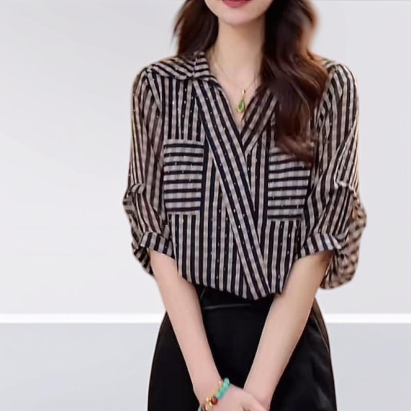 Chili Koko เสื้อเชิ้ตคอวีทรงหลวมสำหรับผู้หญิง สีพื้น มีกระเป๋า แฟชั่นลำลอง เสื้ออเนกประสงค์ 99241