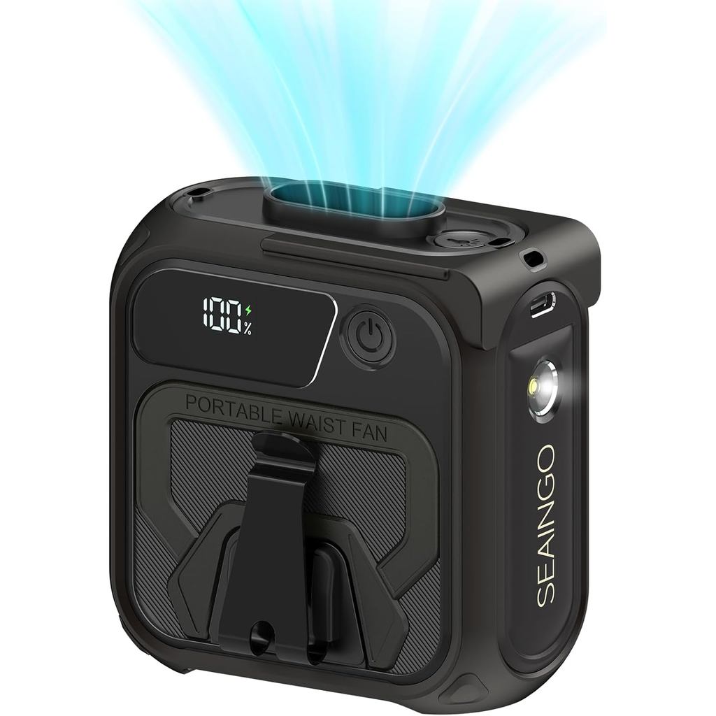 SEAINGO พัดลมเอวแบบพกพาแบบชาร์จไฟได้ – 10000mAh, 42 ฟุต/s Max, 5 ความเร็ว 16000RPM, พัดลมเสื้อเข็มขั
