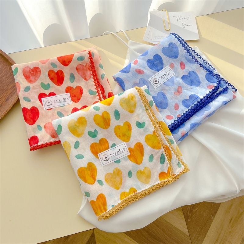 ผ้าพันคอผ้าฝ้าย Retro Fresh Love สแควร์ scarf สำหรับผู้หญิง ลายสวยและแถบคาดศีรษะ จากผ้าไหม