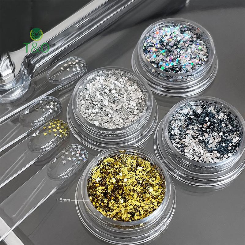 T&O 1 กล่อง 3D Shiny Star Nail Art Sequins Star Glitter Sequins Flakes DIY เครื่องประดับแต่งเล็บอุปก