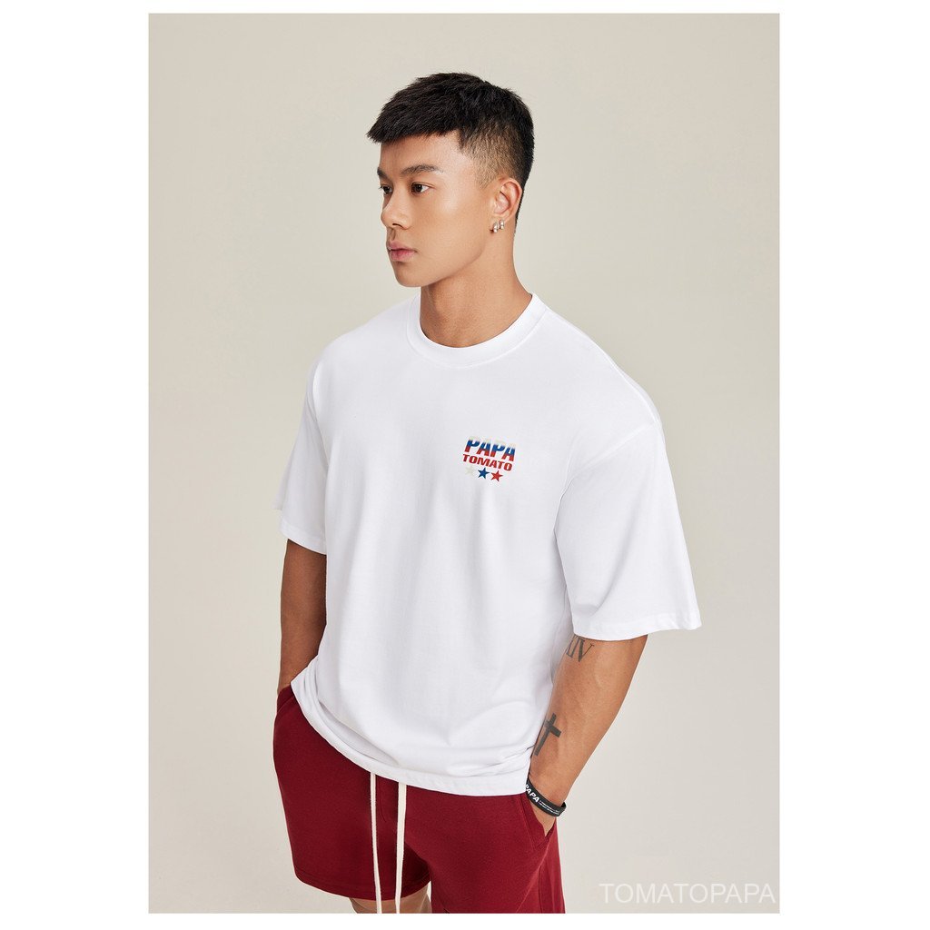 เสื้อยืดคอกลมแขนสั้นผู้ชาย TOMATOPAPA สไตล์อินเทรนด์ พิมพ์ครึ่งแขน ทรงคลาย oversized