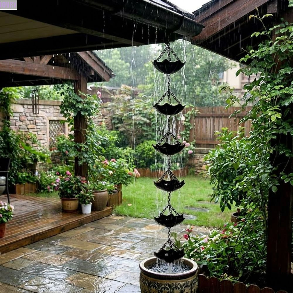 ห่วงโซ่ฝนดอกไม้โลหะสีงาช้าง,ห่วงโซ่ฝนทนสภาพอากาศสไตล์ญี่ปุ่นสําหรับรางน้ํา,เครื่องมือลง 7 ถ้วยศิลปะเหล็กแขวนชายคาน้ําระบายน้ําโซ่ลานลานลานลาน