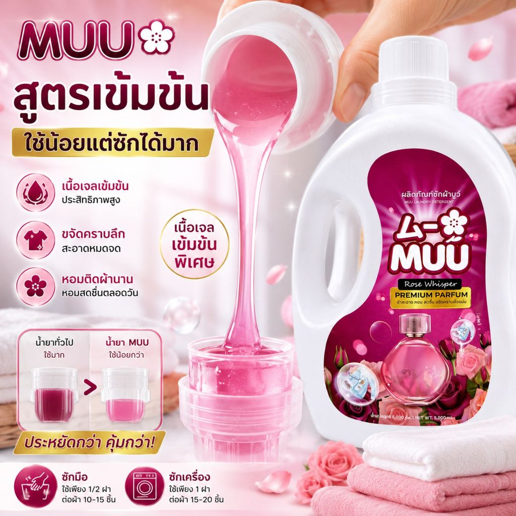 น้ำยาซักผ้า สูตรเข้มข้น  5000ml  กลิ่นกุหลาบ  หอมติดผ้ายาวนาน ขจัดคราบสะอาด ลดกลิ่นอับ ประหยัดใช้ได้นาน