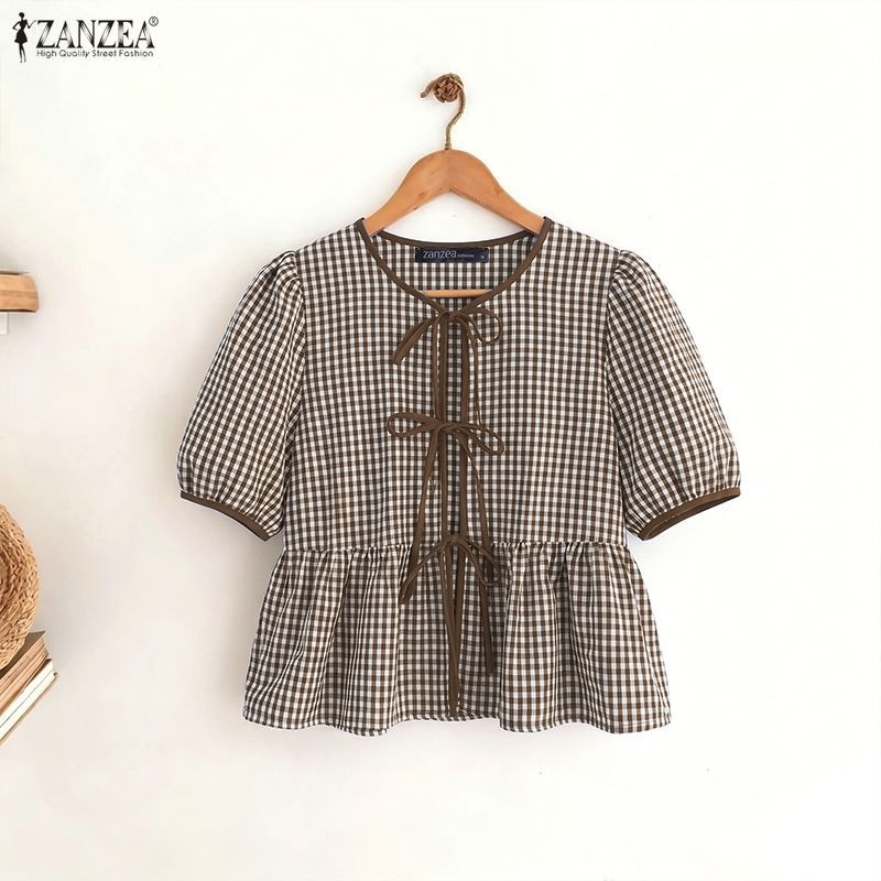 ZANZEA ผู้หญิงเกาหลี Retro Girlish รอบคอพัฟแขน Tie Bows Ruffles Hem Checkered A-Line เสื้อเบลาส์ — صورة 5