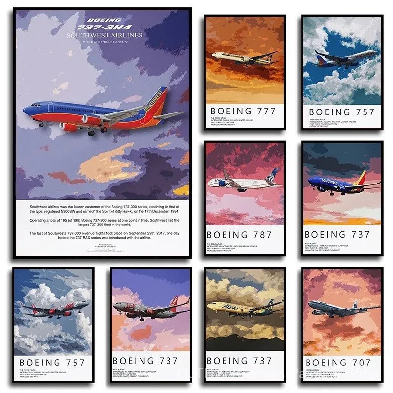 QG5S ที่มีชื่อเสียง Airlines โบอิ้ง 737/777/787 โปสเตอร์พิมพ์ผ้าใบภาพวาด Wall Art Airliner เครื่องบิ