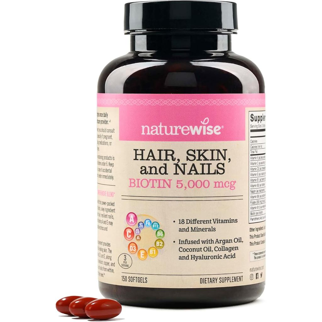 NatureWise Hair Skin and Nail Vitamins, Biotin 5,000 Micrograms, ประกอบด้วยกรดไฮยาลูโรนิก, คอลลาเจนห