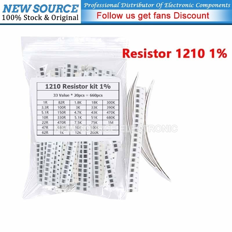[660PCS] 1210 SMD Resistor Assorted Kit 33ValuesX20PCS 1% 1R 1M 100R 100K 4.7R 5.1R 22K 2R 10K 10R 4