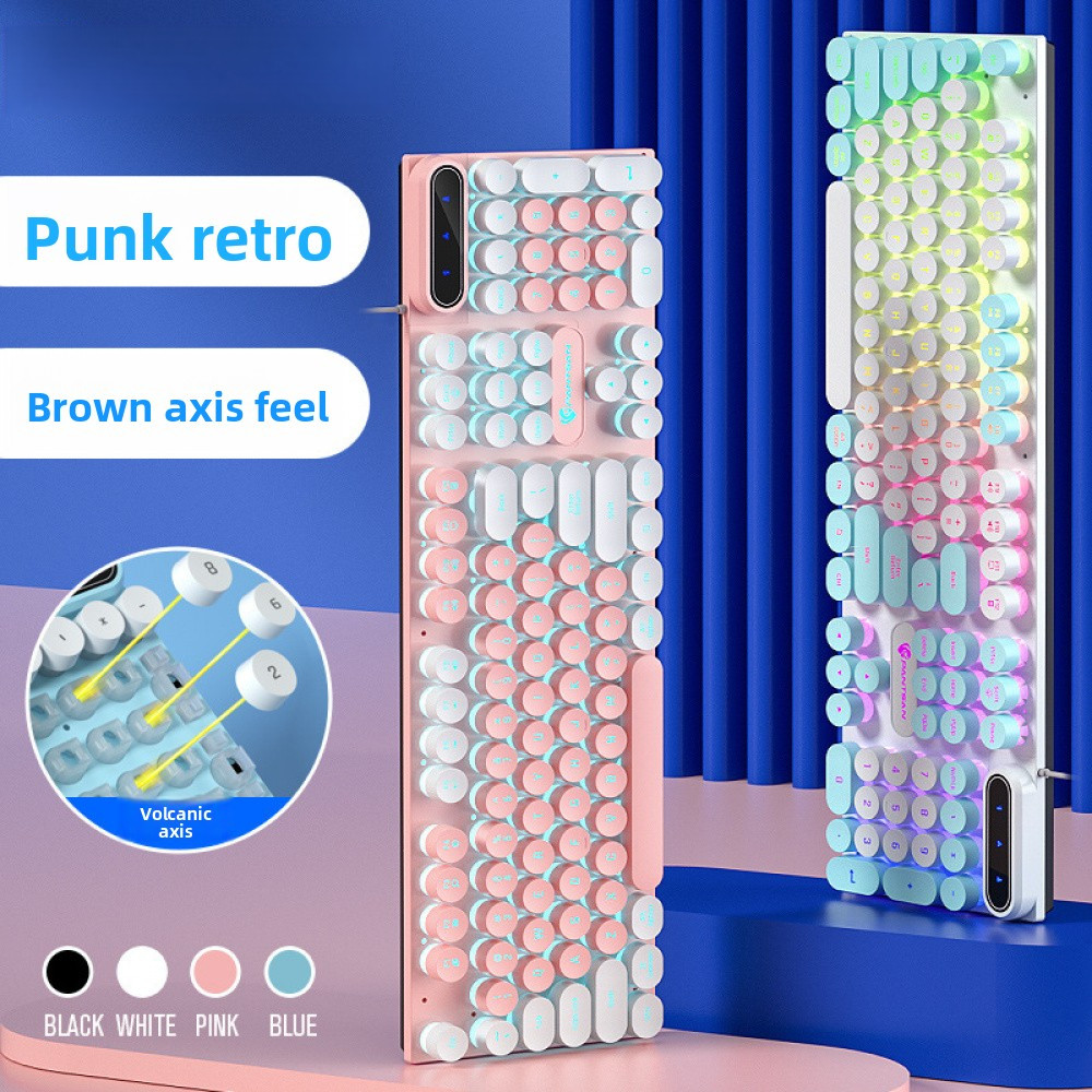 PT100 Punk Round Keycap แบบมีสาย Luminous Mechanical Feel คีย์บอร์ดเมาส์ชุด Unisex