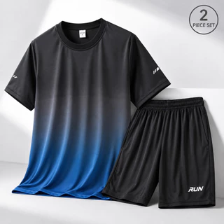 ชุดกีฬา 2 ชิ้น ผู้ชาย เสื้อแขนสั้นลายไล่สี + กางเกงขาสั้น ชุดวิ่ง ฟิตเนส ออกกำลังกาย ใส่สบาย
