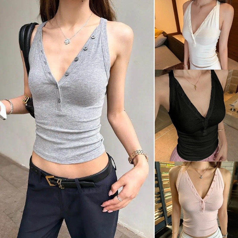 Hotgirl พร้อมส่ง เสื้อกล้ามผู้หญิงคอวีมีกระดุมS-2XL สไตล์สลิมฟิต สไตล์สาวฮอตเกาหลี แมทได้ทั้งกระโปรงและกางเกง