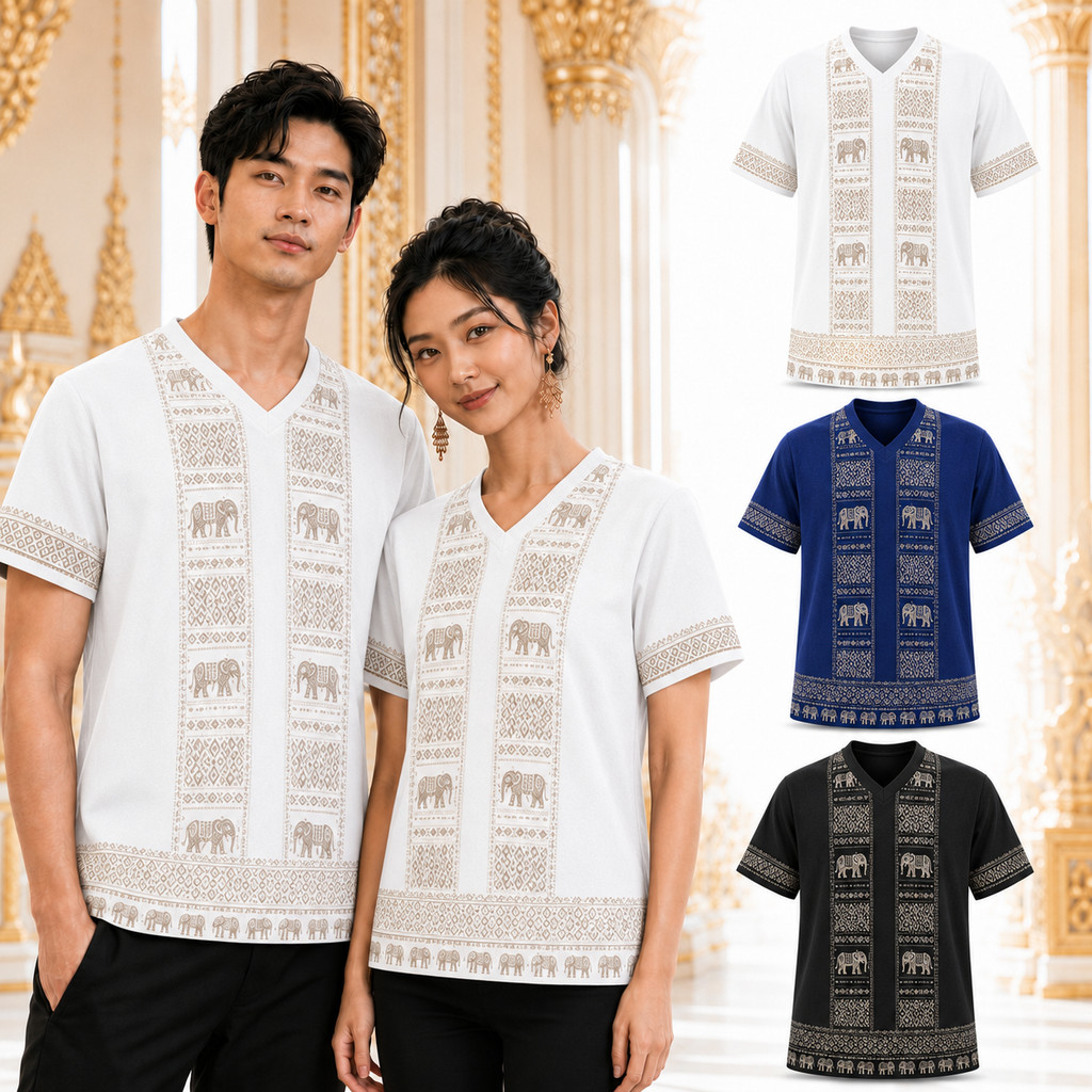 เสื้อชาติพันธุ์ไทยคู่ชายหญิง คอวีแขนสั้น ลายช้างพื้นเมือง ผ้าใส่สบาย แฟชั่นไทยร่วมสมัย สำหรับใส่เที่ยววัด งานเทศกาล