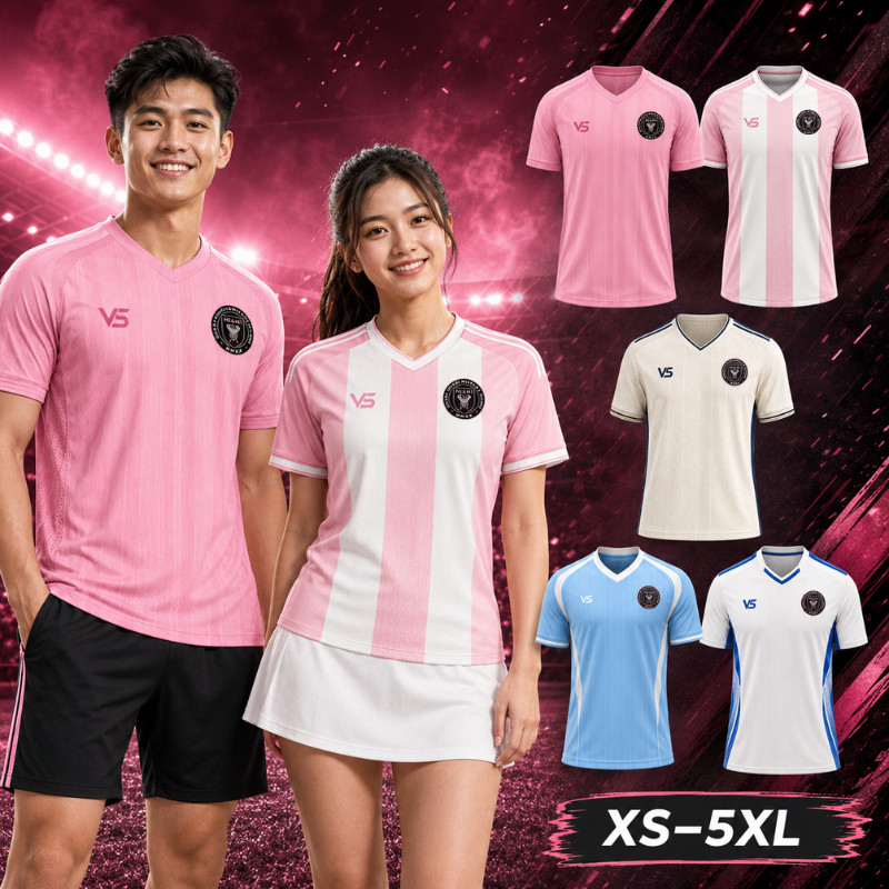 เสื้อฟุตบอลสไตล์อินเตอร์ไมอามี่ เสื้อบอลเหย้าเยือนคอวีแขนสั้น ชายหญิง ลายสปอร์ต แห้งเร็ว ใส่เชียร์บอล jersey