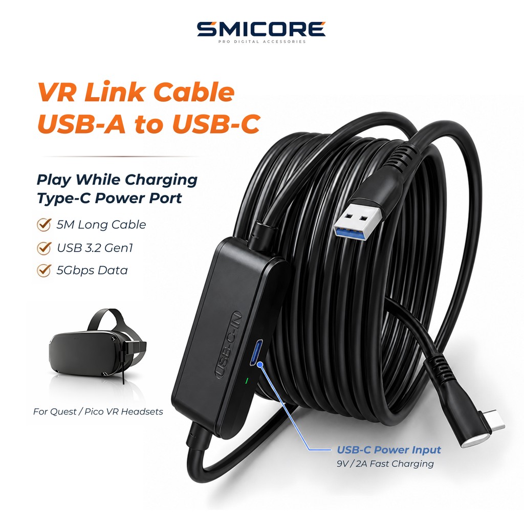 สาย VR Link 5M USB 3.2 Gen1 พร้อมพอร์ตจ่ายไฟ Type-C สำหรับ Quest 3S Quest 3 Quest 2 Pico 4 เล่นพร้อม