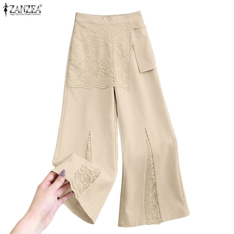 ZANZEA เสื้อผ้าผู้หญิง ซานเซีย สไตล์เกาหลี-สไตล์ลําลองเย็บปะติดปะต่อกันกรีดผูกสายรัดลูกไม้ขึ้นพิมพ์กางเกงขากว้างหลวมกางเกงขายาว