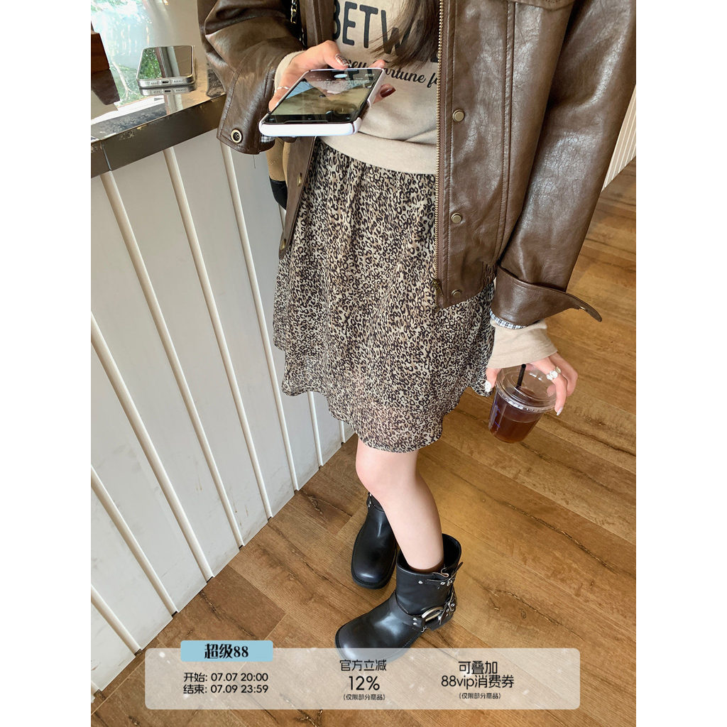 Wu 77 สไตล์เกาหลีชีฟองเสือดาวพิมพ์กระโปรงหญิง Niche Design เอวสูง Slimmer ดู All-Match แฟชั่น a-Line