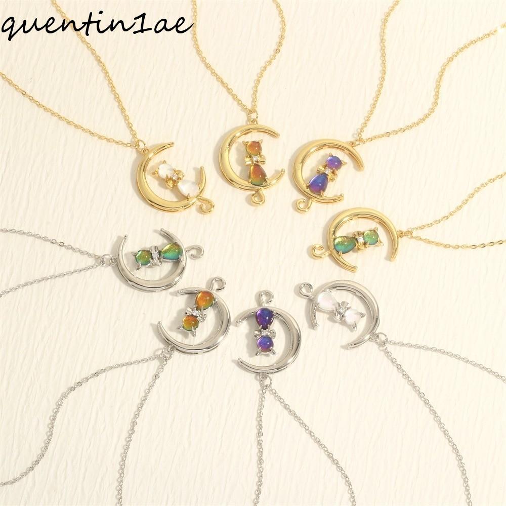 QUENTIN1AE สร้อยคอพระจันทร์เสี้ยว, สร้อยคอจี้แมวคริสตัลเพทาย, ทองแดงส่วนบุคคลชุบทอง Link Chain การออ